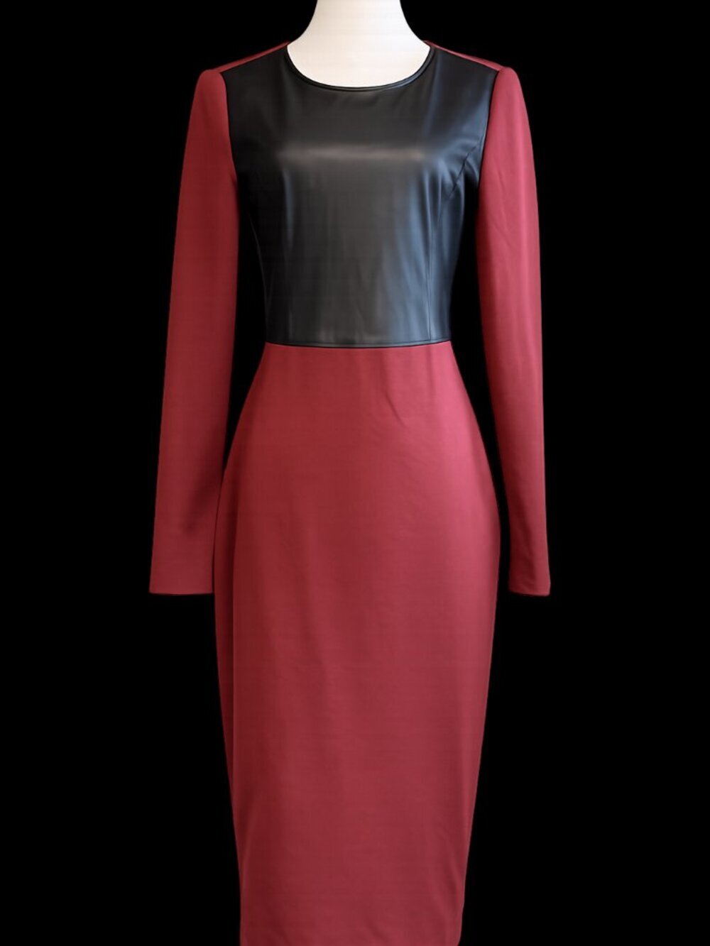 BCBG Max Azria Faux Leather Panel Dress Burgundy Black Size M